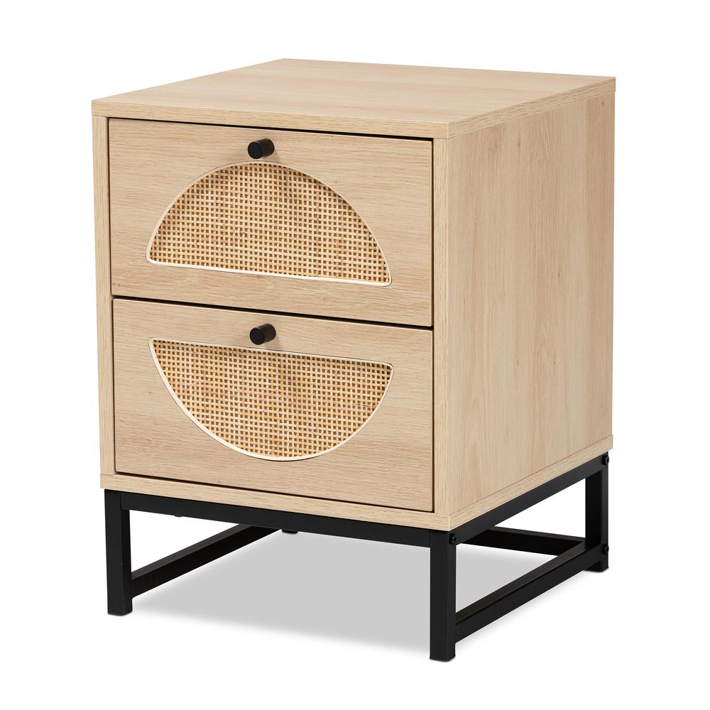 Black Metal 2-Drawer End Table with Natural Rattan. Picture 12