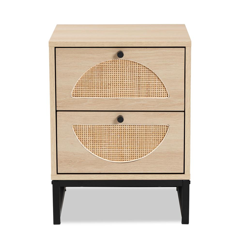 Black Metal 2-Drawer End Table with Natural Rattan. Picture 14