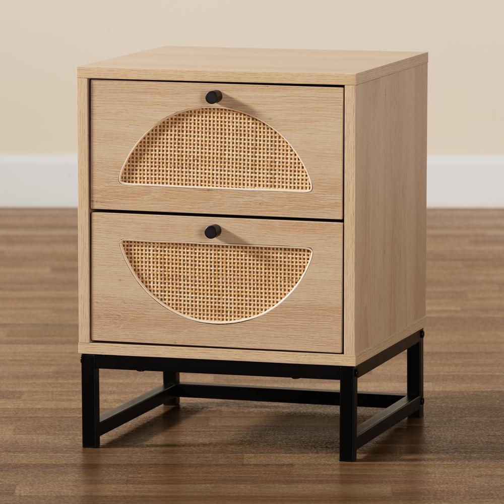 Black Metal 2-Drawer End Table with Natural Rattan. Picture 20