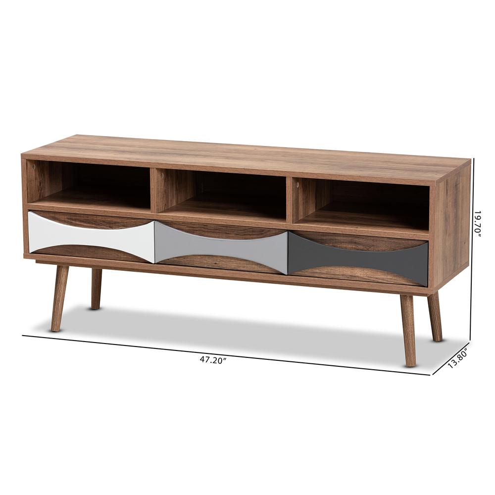 Natural Brown Finished and Multi-Colored Wood 3-Drawer TV Stand. Picture 20