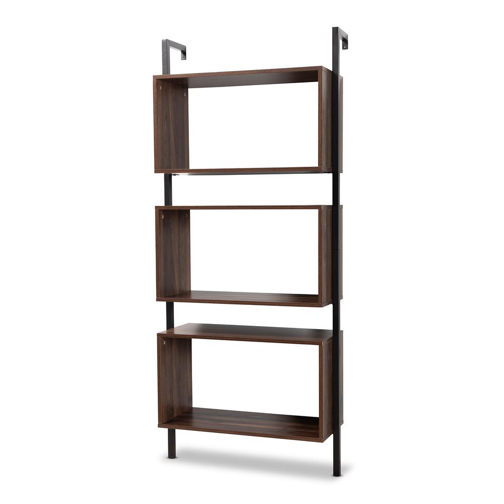 Industrial Walnut Brown Finished Wood and Black Metal 3-Tier Display Shelf. Picture 9