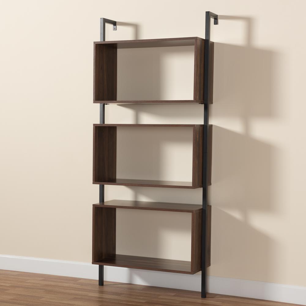 Industrial Walnut Brown Finished Wood and Black Metal 3-Tier Display Shelf. Picture 15