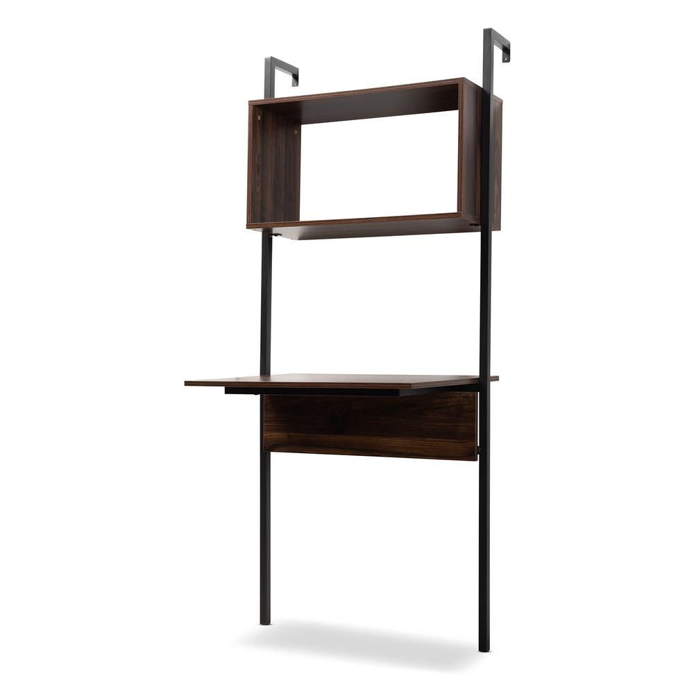 Industrial Walnut Brown Finished Wood and Black Metal Display Shelf with Desk. Picture 9