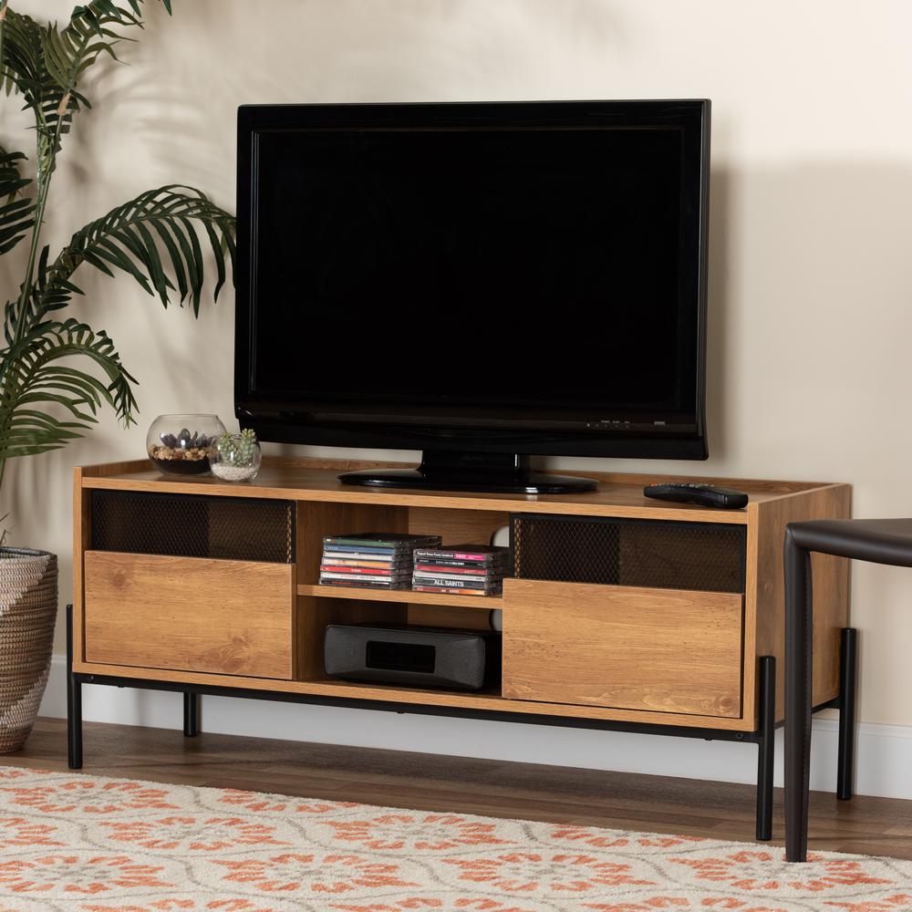 Baxton Studio Tasman Modern and Contemporary Industrial Natural Brown Finished Wood and Black Metal 2-Door TV Stand. Picture 9