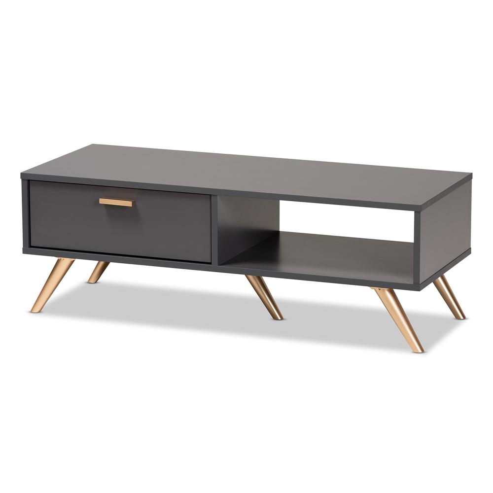 Kelson Modern and Contemporary Dark Grey and Gold Finished Wood Coffee Table. Picture 12