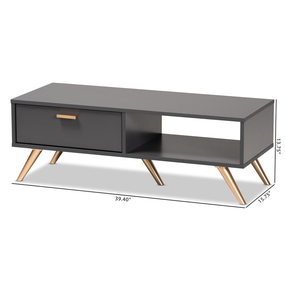 Kelson Modern and Contemporary Dark Grey and Gold Finished Wood Coffee Table. Picture 21