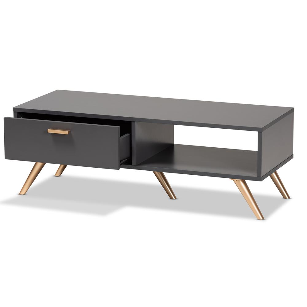 Kelson Modern and Contemporary Dark Grey and Gold Finished Wood Coffee Table. Picture 13