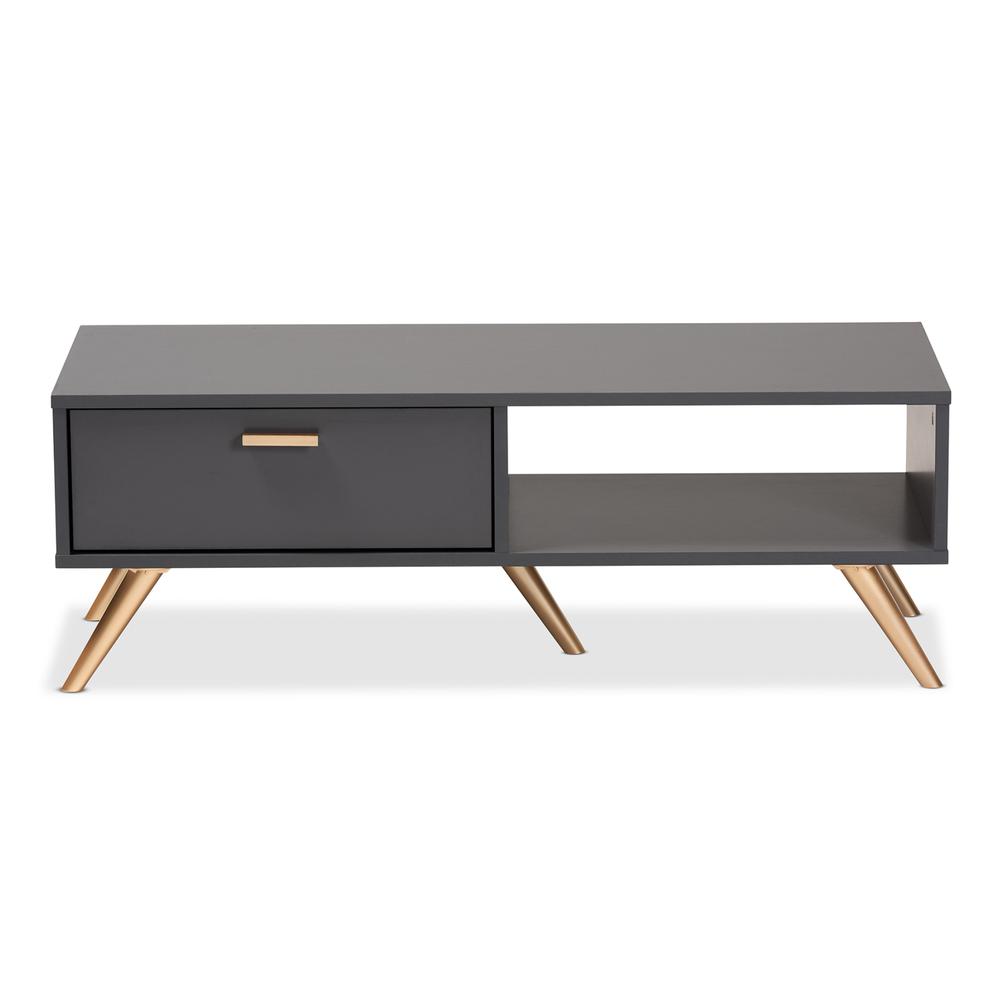 Kelson Modern and Contemporary Dark Grey and Gold Finished Wood Coffee Table. Picture 14