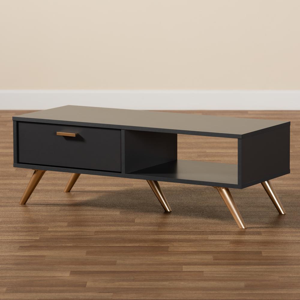 Kelson Modern and Contemporary Dark Grey and Gold Finished Wood Coffee Table. Picture 20