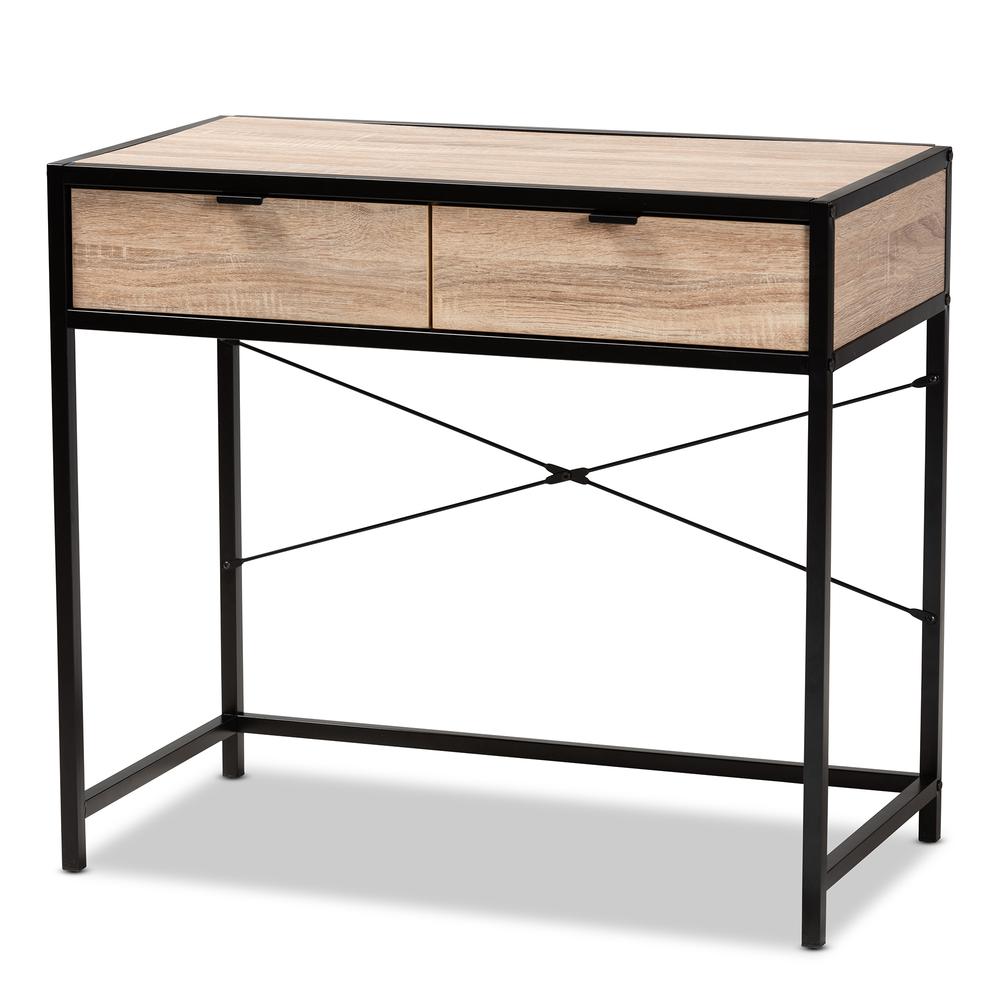 Industrial Natural Brown Finished Wood and Black Metal 2-Drawer Desk. Picture 11