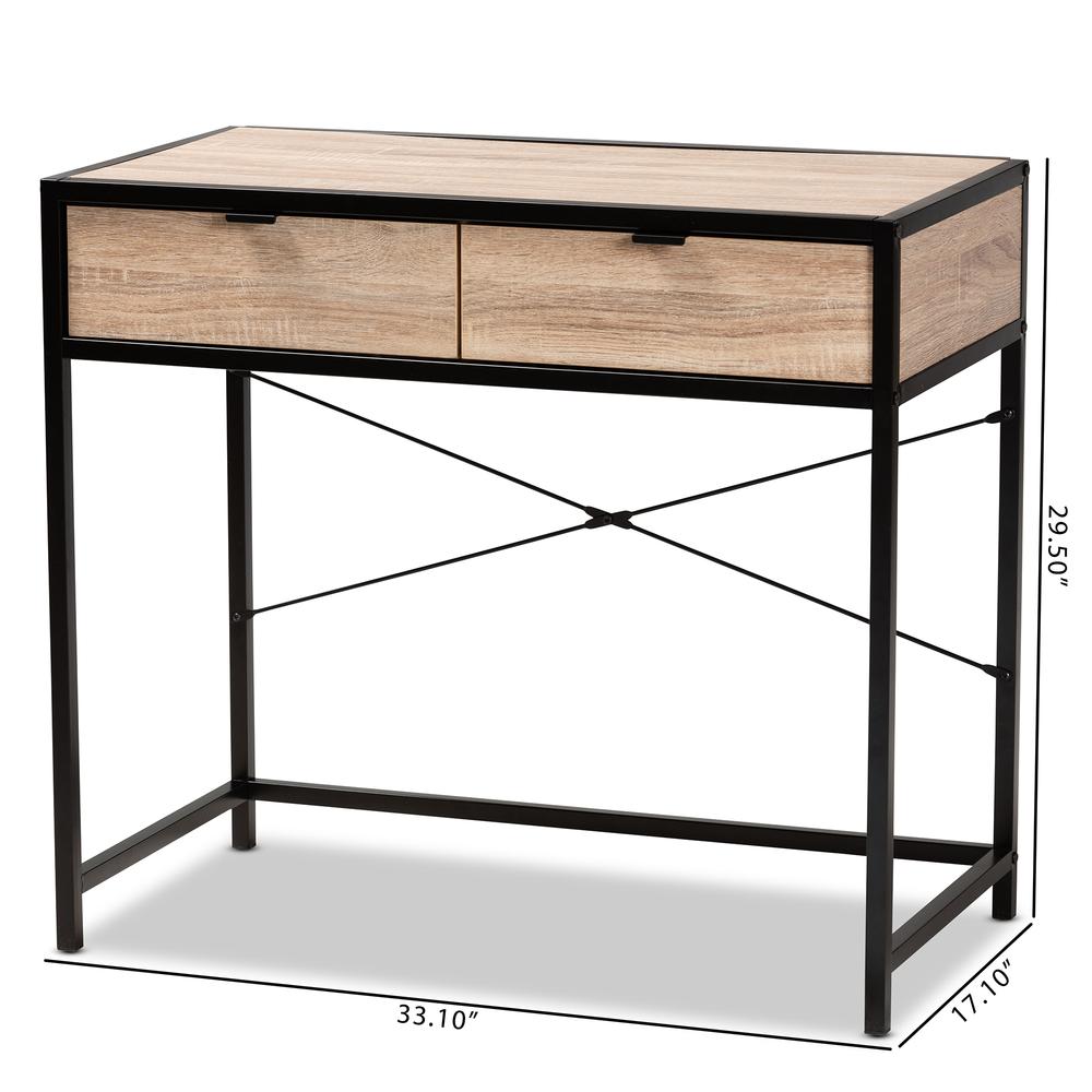 Industrial Natural Brown Finished Wood and Black Metal 2-Drawer Desk. Picture 20