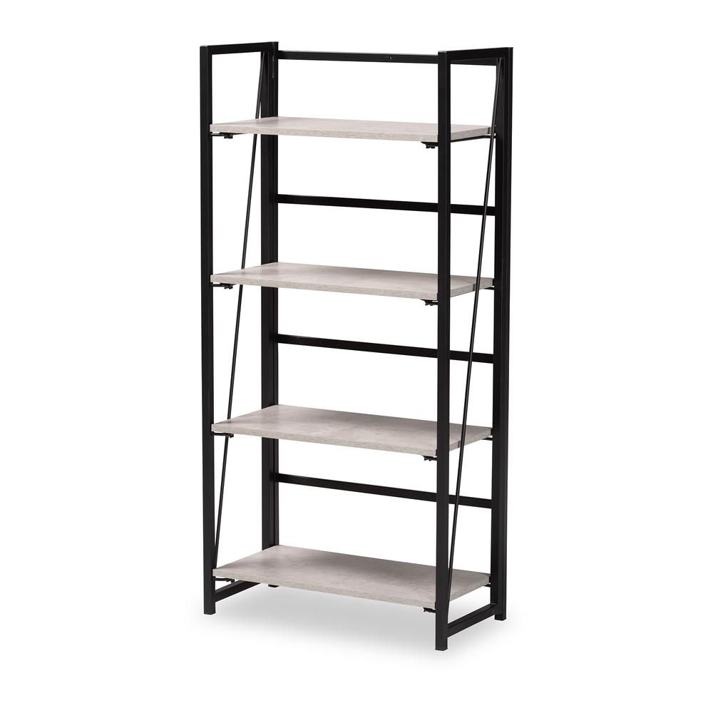 Industrial Light Grey Finished Wood and Black Metal 4-Tier Display Shelf. Picture 10