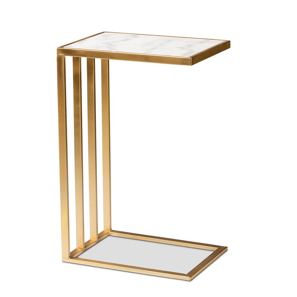 Gold Finished Metal C Shaped End Table with Marble Tabletop. Picture 10