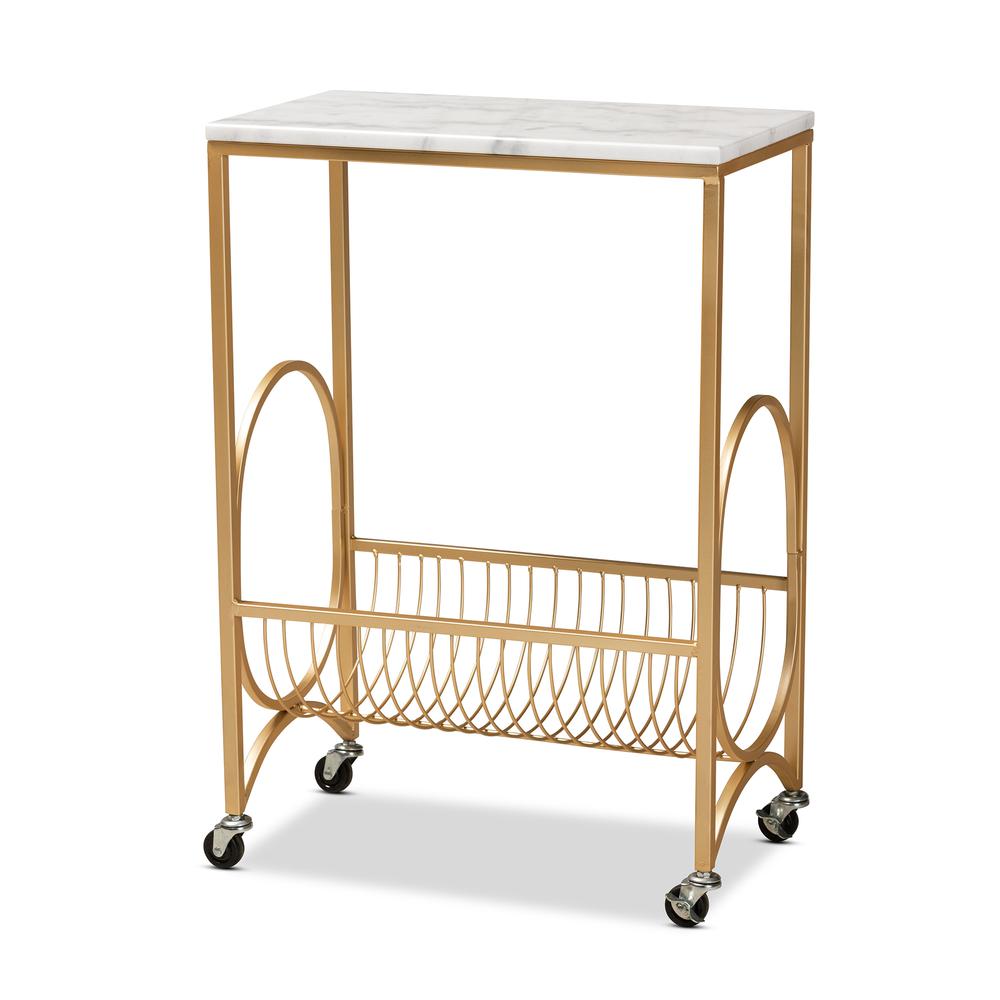Baxton Studio Jacek Modern and Contemporary Gold Finished Metal Wine Cart with Marble Tabletop. Picture 11