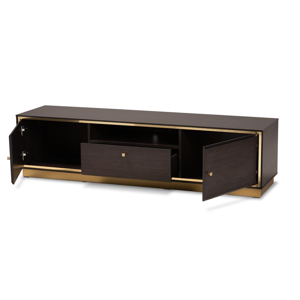 Transitional Dark Brown Finished Wood and Gold Metal 2-Door TV Stand. Picture 11