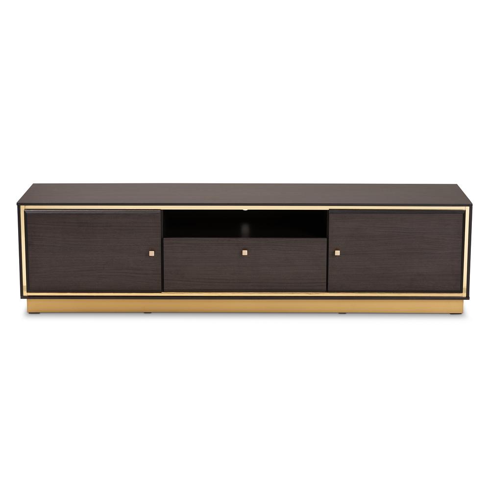 Transitional Dark Brown Finished Wood and Gold Metal 2-Door TV Stand. Picture 12