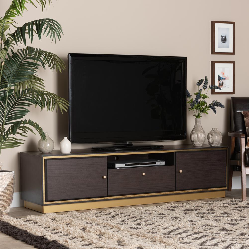 Transitional Dark Brown Finished Wood and Gold Metal 2-Door TV Stand. Picture 17