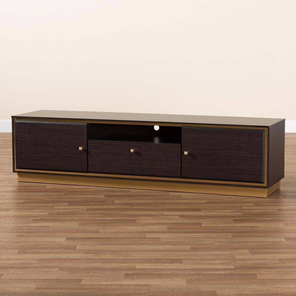 Transitional Dark Brown Finished Wood and Gold Metal 2-Door TV Stand. Picture 18
