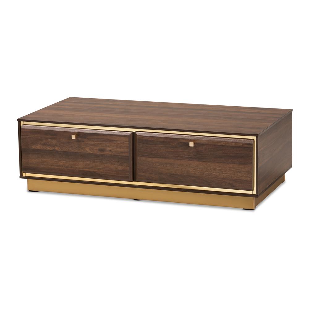 Transitional Walnut Brown Finished Wood and Gold Metal 2-Drawer Coffee Table. Picture 10