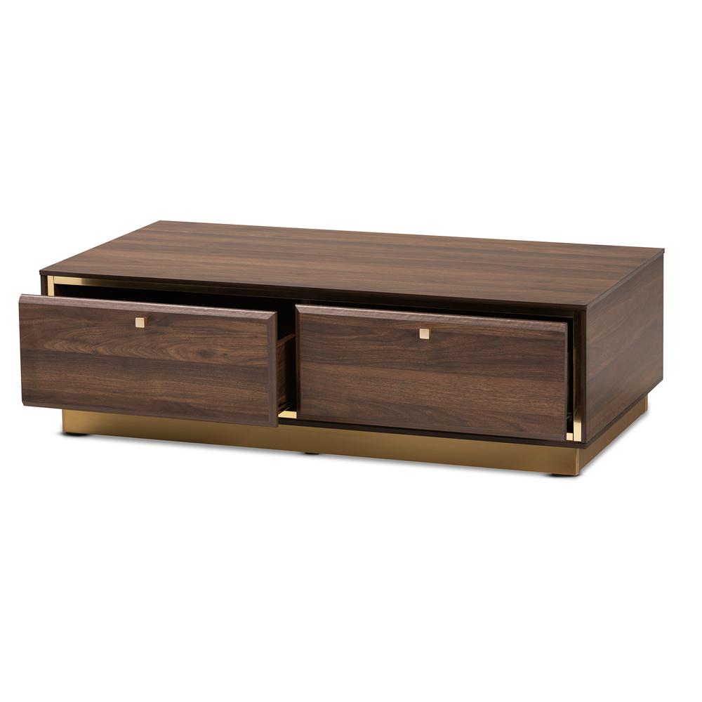 Transitional Walnut Brown Finished Wood and Gold Metal 2-Drawer Coffee Table. Picture 11