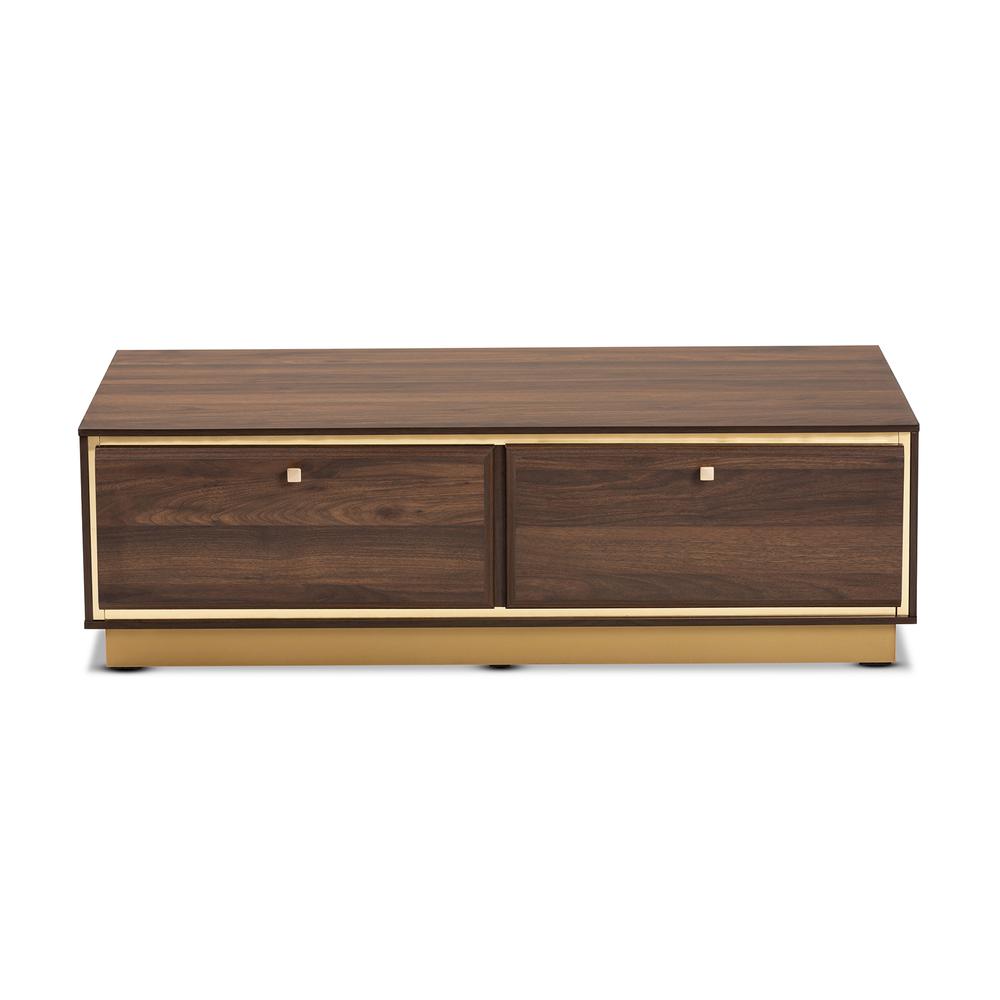 Transitional Walnut Brown Finished Wood and Gold Metal 2-Drawer Coffee Table. Picture 12