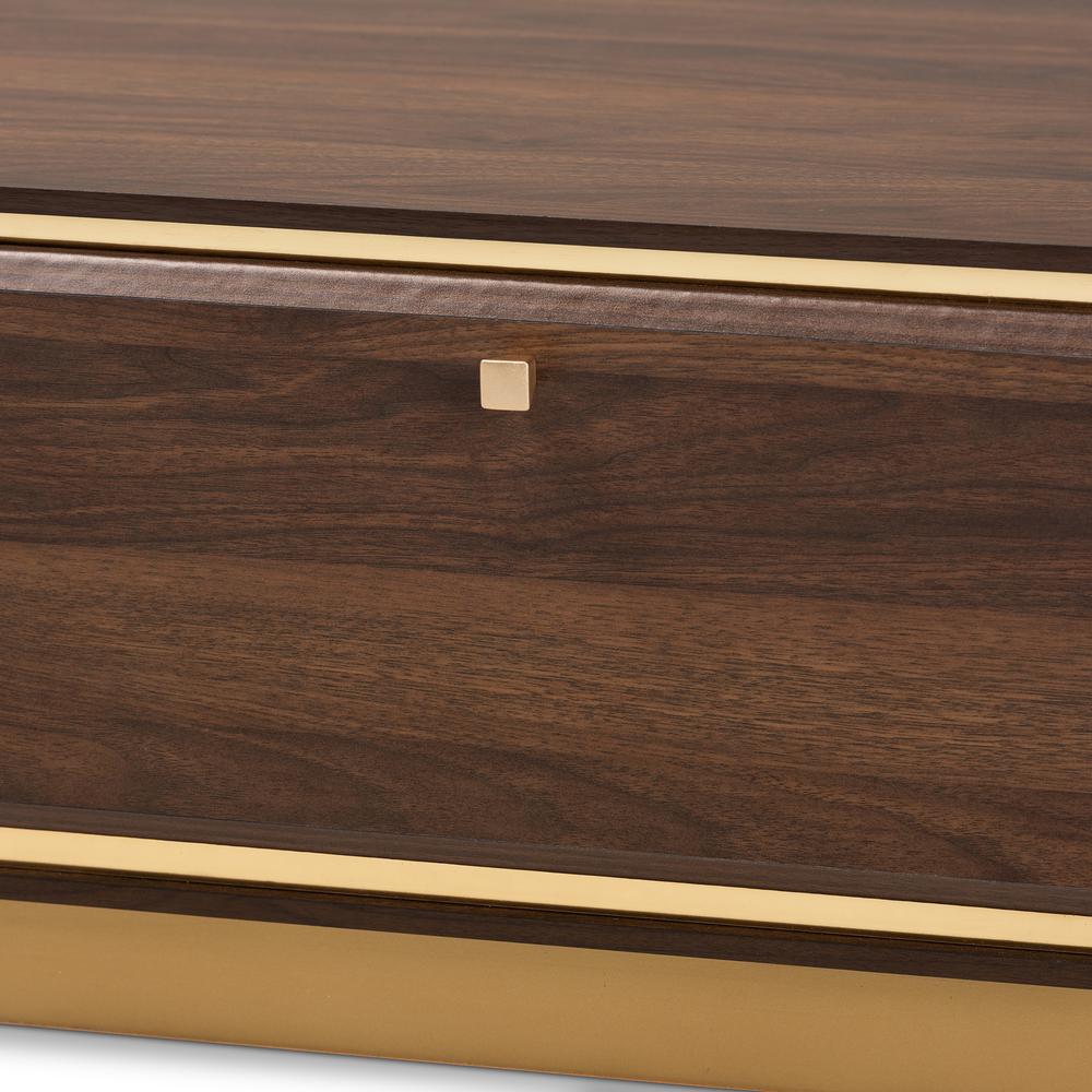 Transitional Walnut Brown Finished Wood and Gold Metal 2-Drawer Coffee Table. Picture 14
