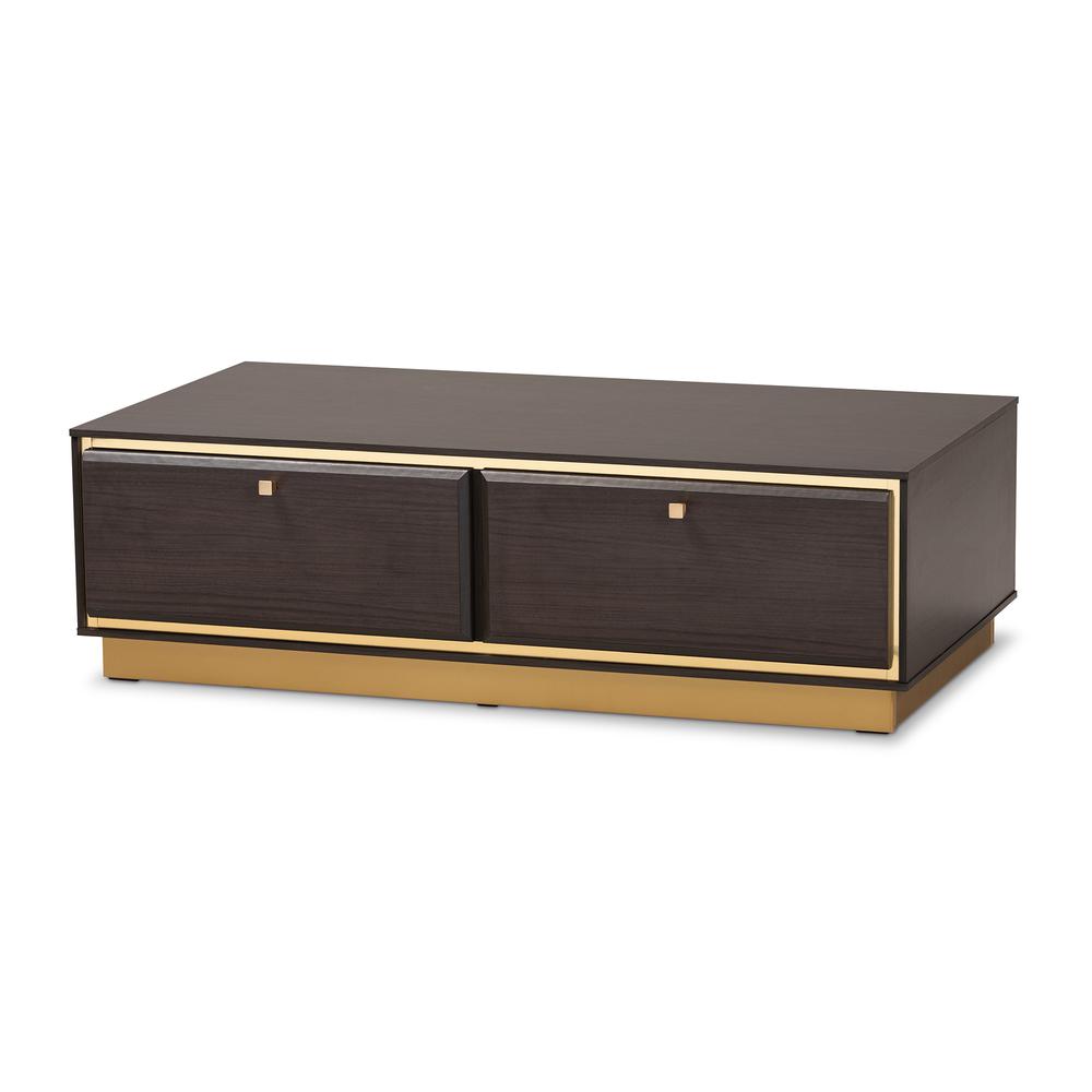 Transitional Dark Brown Finished Wood and Gold Metal 2-Drawer Coffee Table. Picture 10