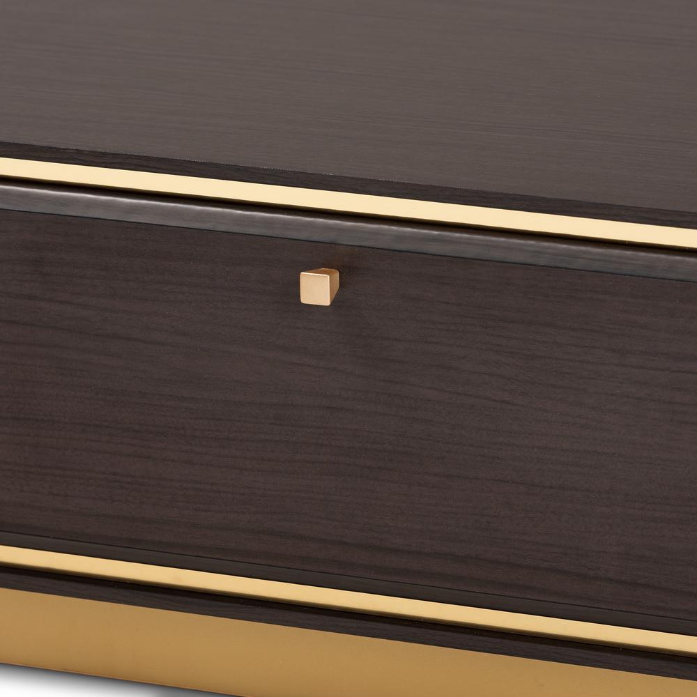 Transitional Dark Brown Finished Wood and Gold Metal 2-Drawer Coffee Table. Picture 14