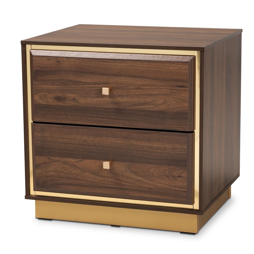 Transitional Walnut Brown Finished Wood and Gold Metal 2-Drawer Nightstand. Picture 10