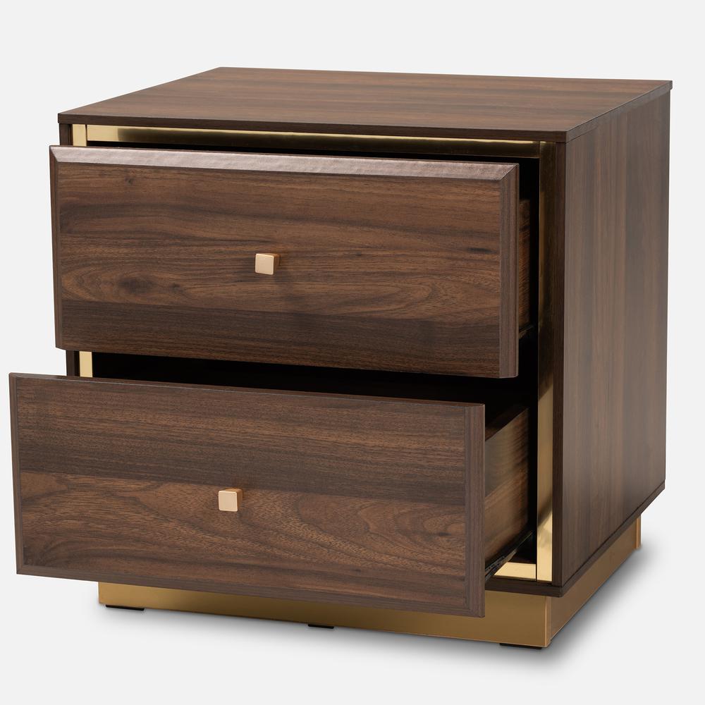 Transitional Walnut Brown Finished Wood and Gold Metal 2-Drawer Nightstand. Picture 11