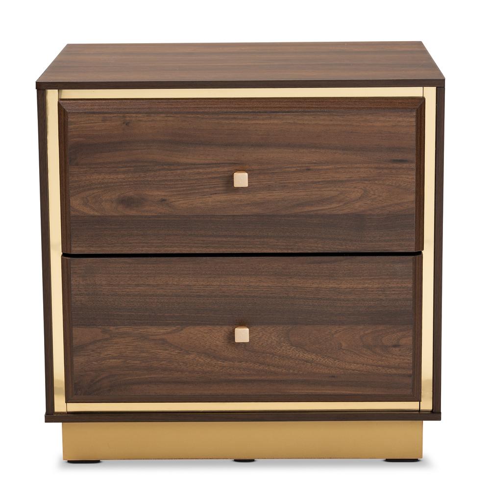 Transitional Walnut Brown Finished Wood and Gold Metal 2-Drawer Nightstand. Picture 12