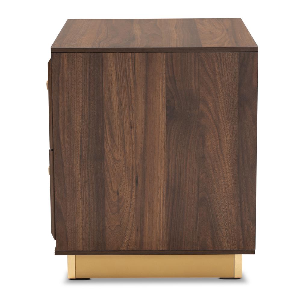 Transitional Walnut Brown Finished Wood and Gold Metal 2-Drawer Nightstand. Picture 13