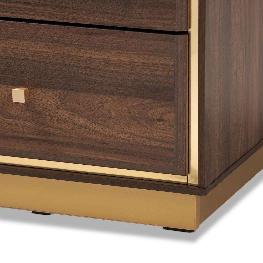 Transitional Walnut Brown Finished Wood and Gold Metal 2-Drawer Nightstand. Picture 15