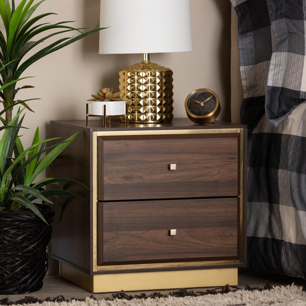 Transitional Walnut Brown Finished Wood and Gold Metal 2-Drawer Nightstand. Picture 17