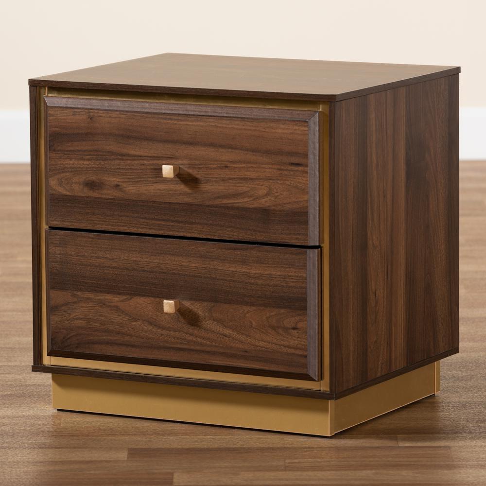 Transitional Walnut Brown Finished Wood and Gold Metal 2-Drawer Nightstand. Picture 18