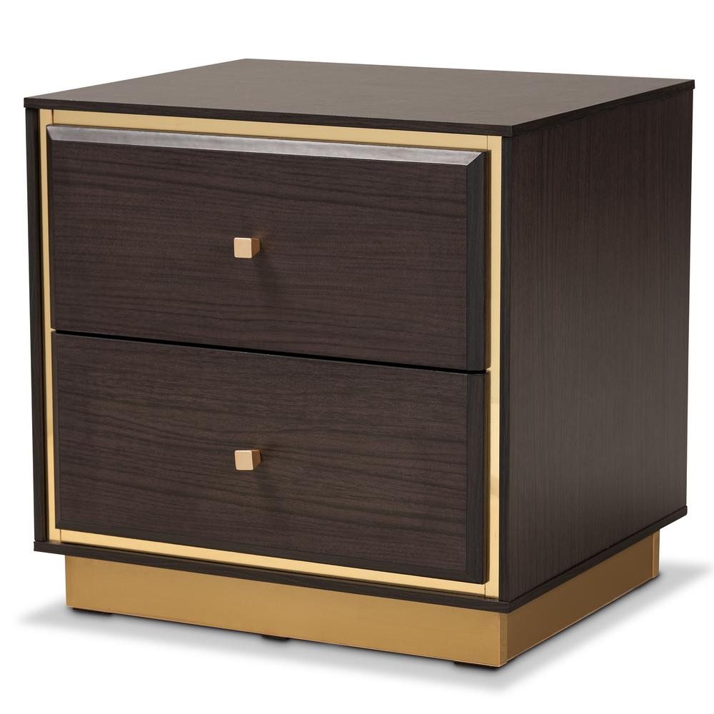 Transitional Dark Brown Finished Wood and Gold Metal 2-Drawer Nightstand. Picture 10