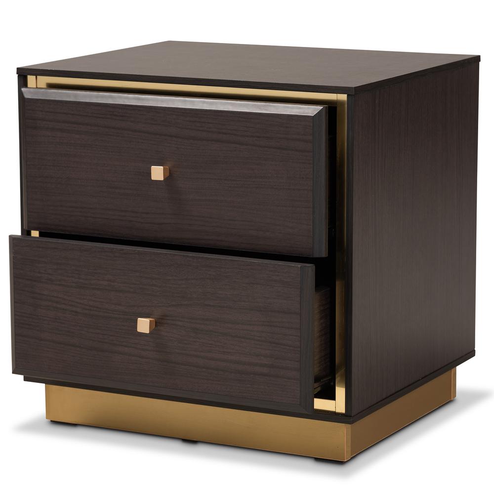 Transitional Dark Brown Finished Wood and Gold Metal 2-Drawer Nightstand. Picture 11