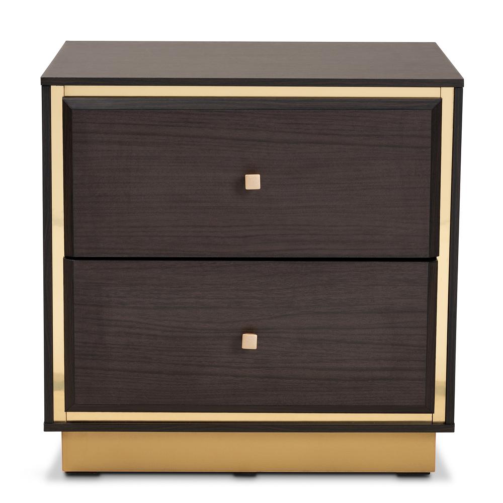 Transitional Dark Brown Finished Wood and Gold Metal 2-Drawer Nightstand. Picture 12