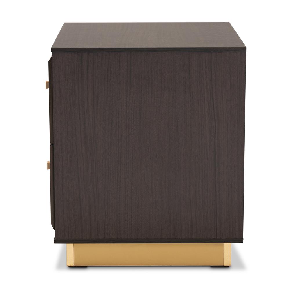 Transitional Dark Brown Finished Wood and Gold Metal 2-Drawer Nightstand. Picture 13