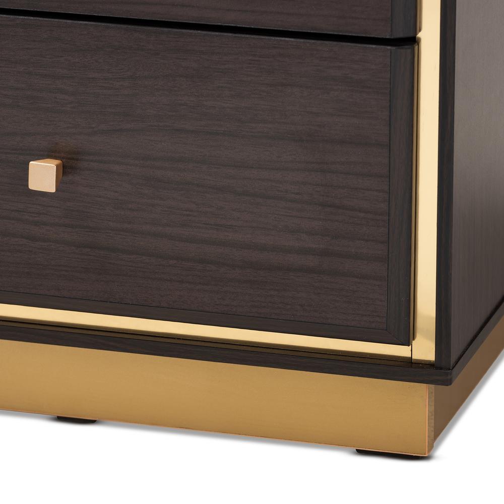 Transitional Dark Brown Finished Wood and Gold Metal 2-Drawer Nightstand. Picture 15