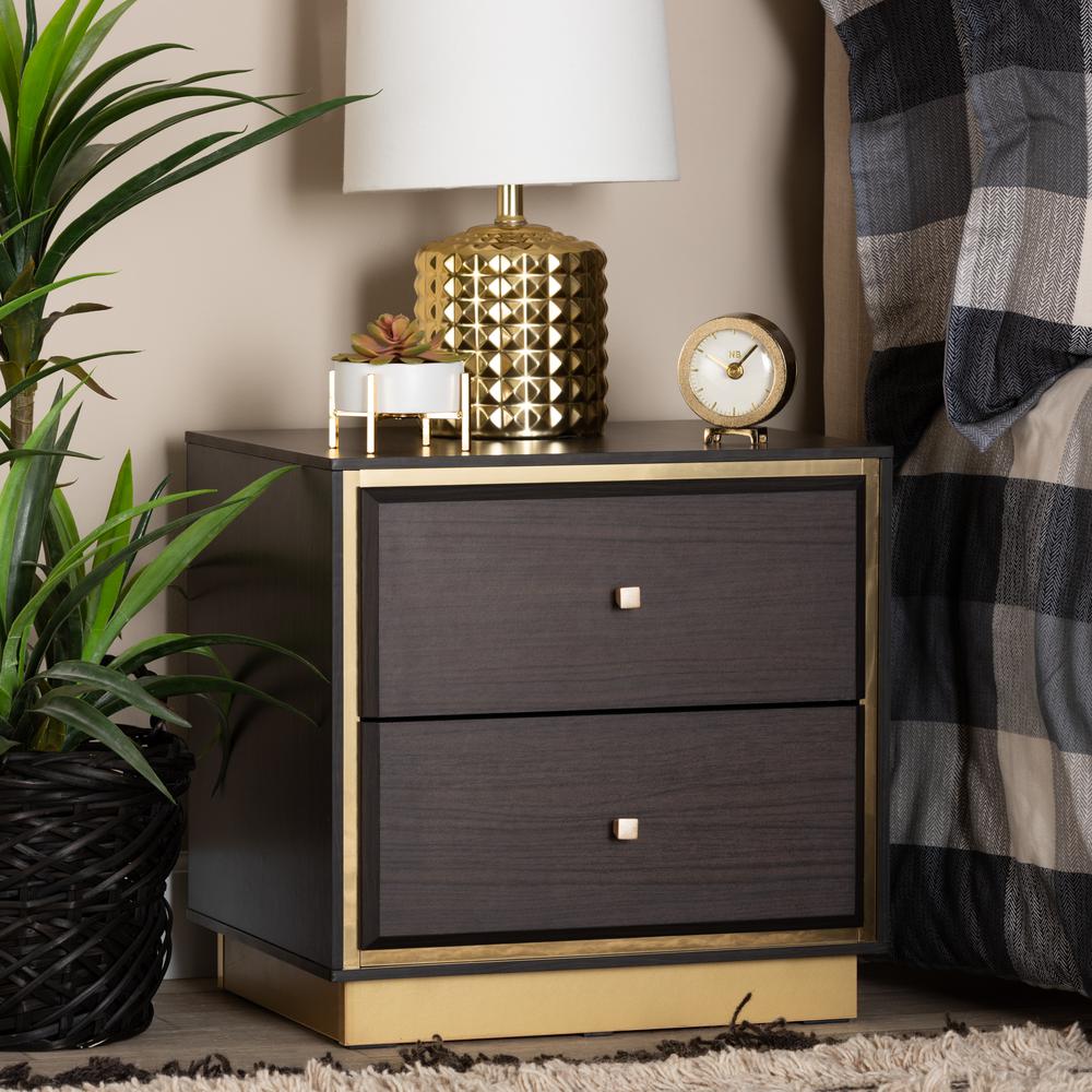 Transitional Dark Brown Finished Wood and Gold Metal 2-Drawer Nightstand. Picture 17