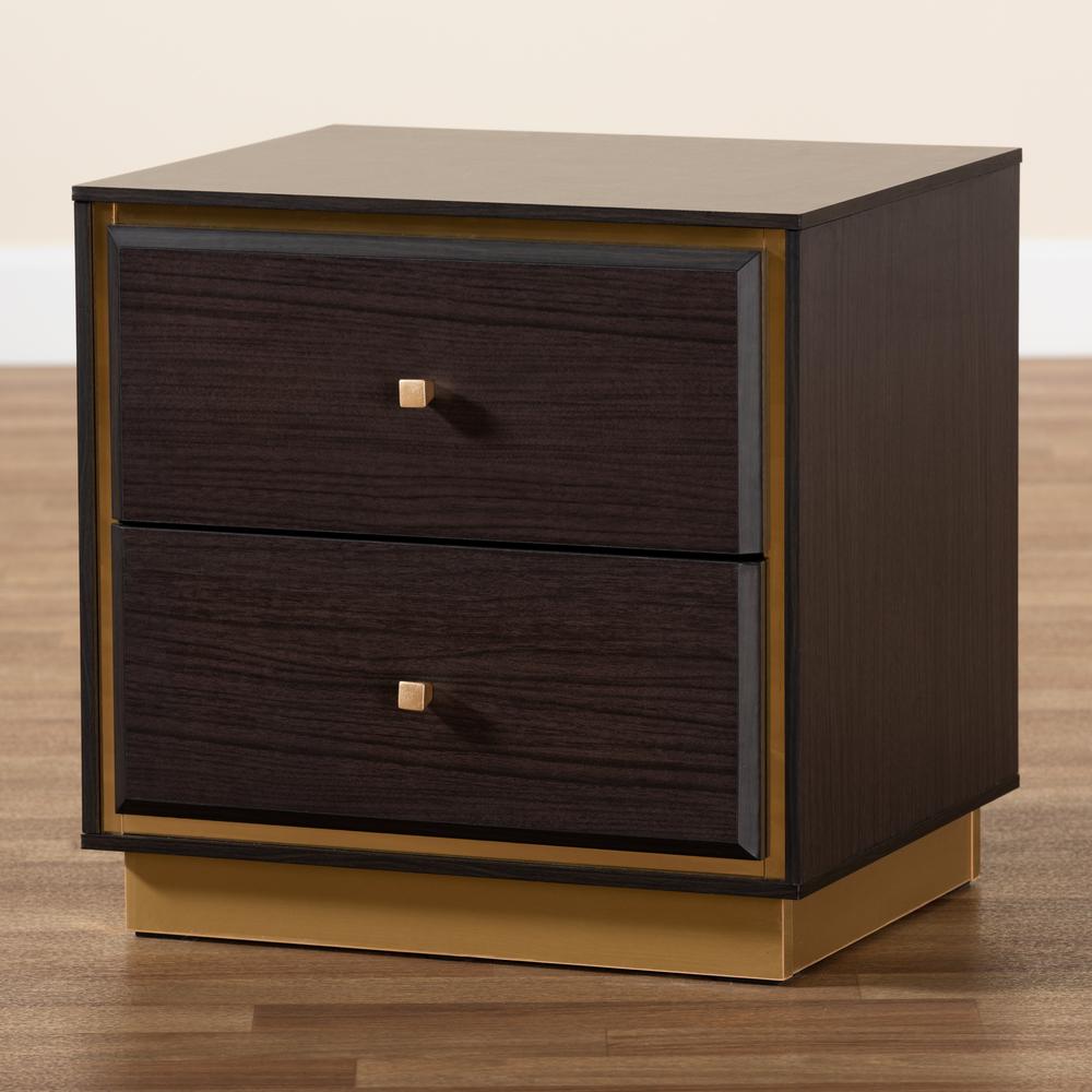 Transitional Dark Brown Finished Wood and Gold Metal 2-Drawer Nightstand. Picture 18