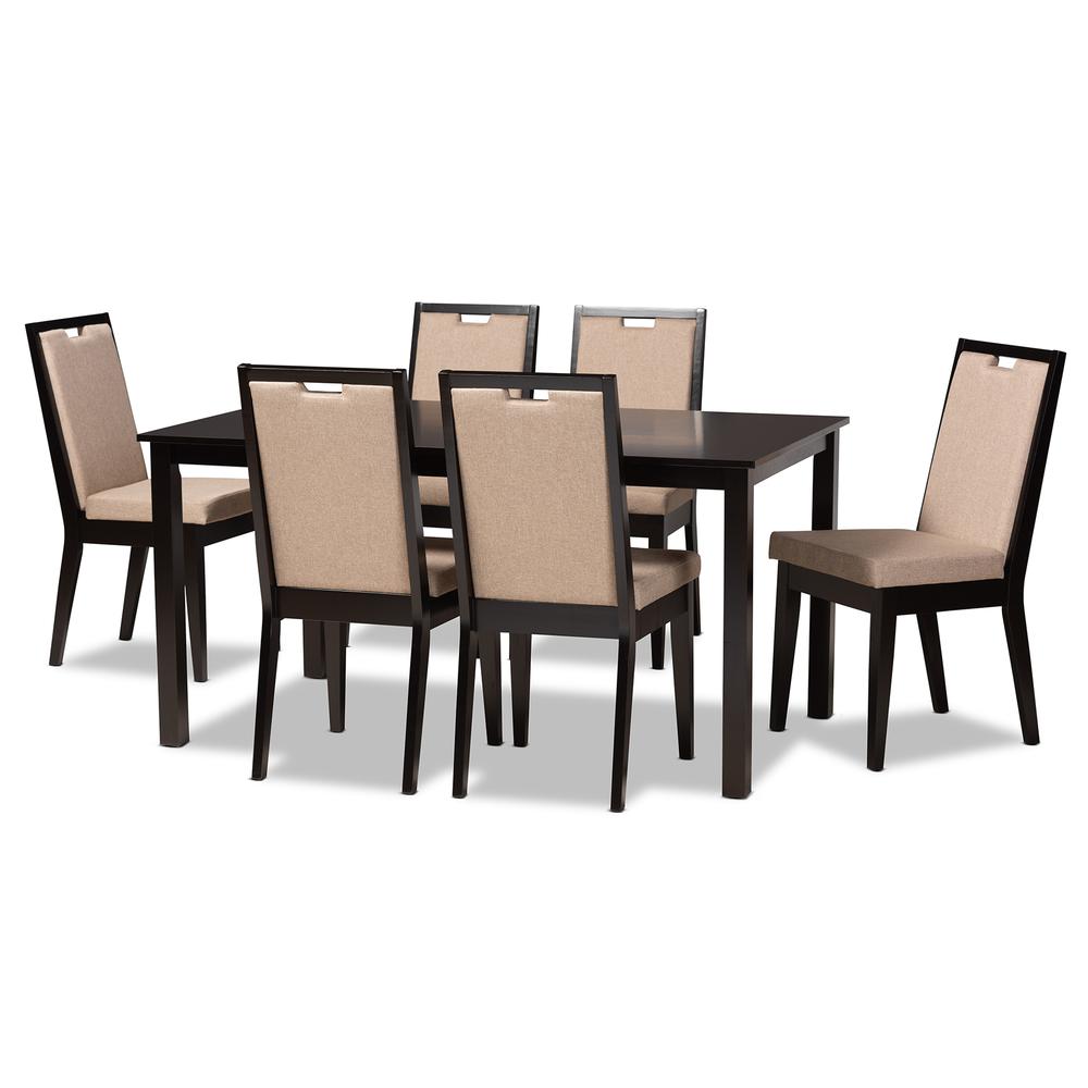 Sand Fabric Upholstered and Dark Brown Finished Wood 7-Piece Dining Set. Picture 11