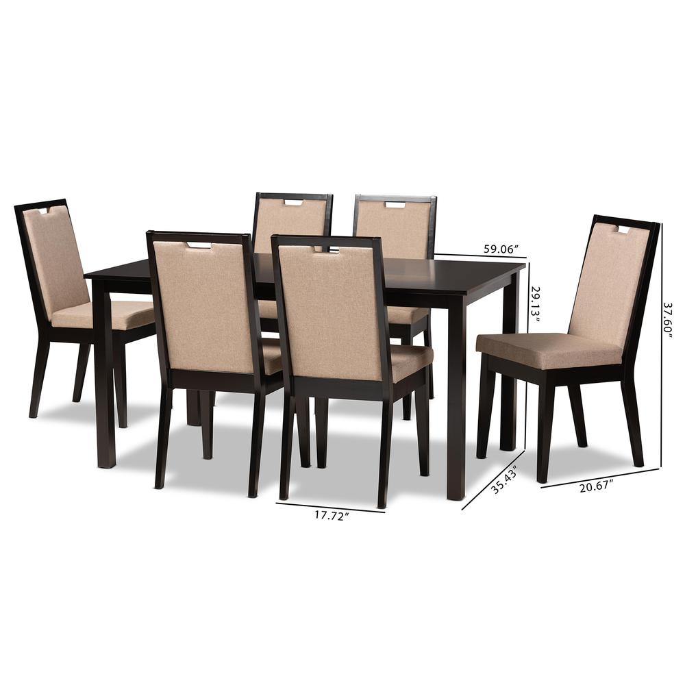 Sand Fabric Upholstered and Dark Brown Finished Wood 7-Piece Dining Set. Picture 20