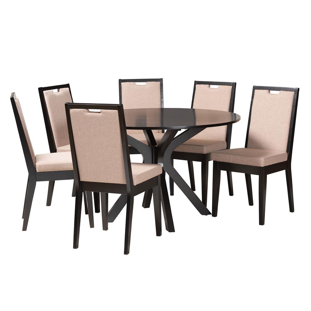 Eira Modern Sand Fabric and Dark Brown Finished Wood 7-Piece Dining Set. Picture 11