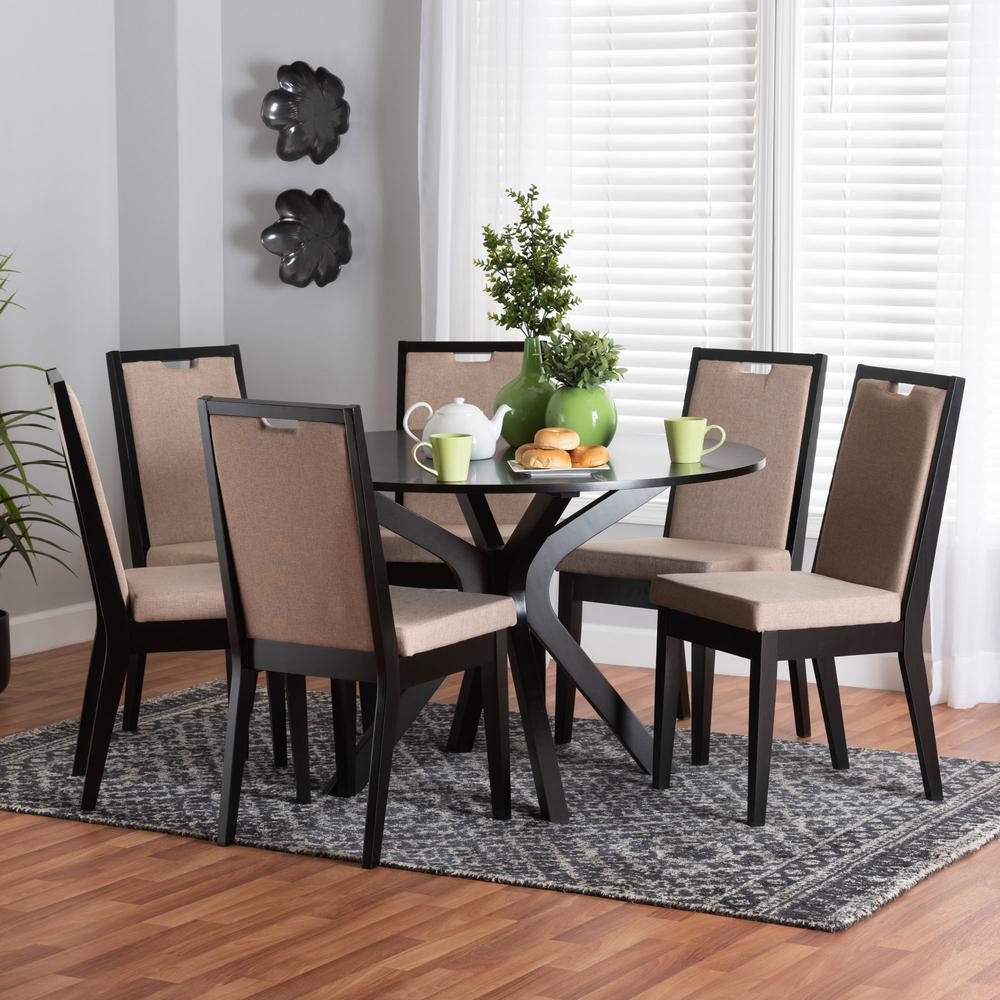 Eira Modern Sand Fabric and Dark Brown Finished Wood 7-Piece Dining Set. Picture 18