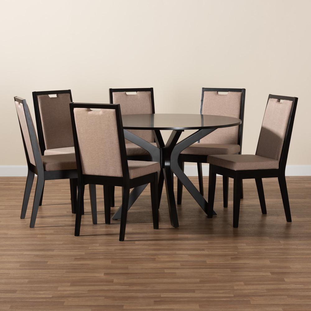 Eira Modern Sand Fabric and Dark Brown Finished Wood 7-Piece Dining Set. Picture 19