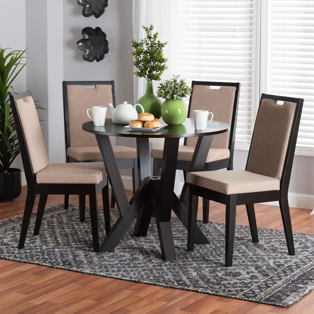 Ansa Modern Sand Fabric and Dark Brown Finished Wood 5-Piece Dining Set. Picture 18