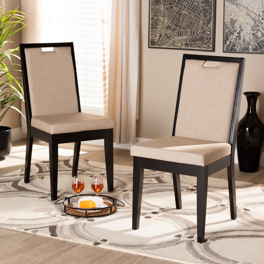 Sand Fabric Upholstered and Dark Brown Finished Wood 2-Piece Dining Chair Set. Picture 16