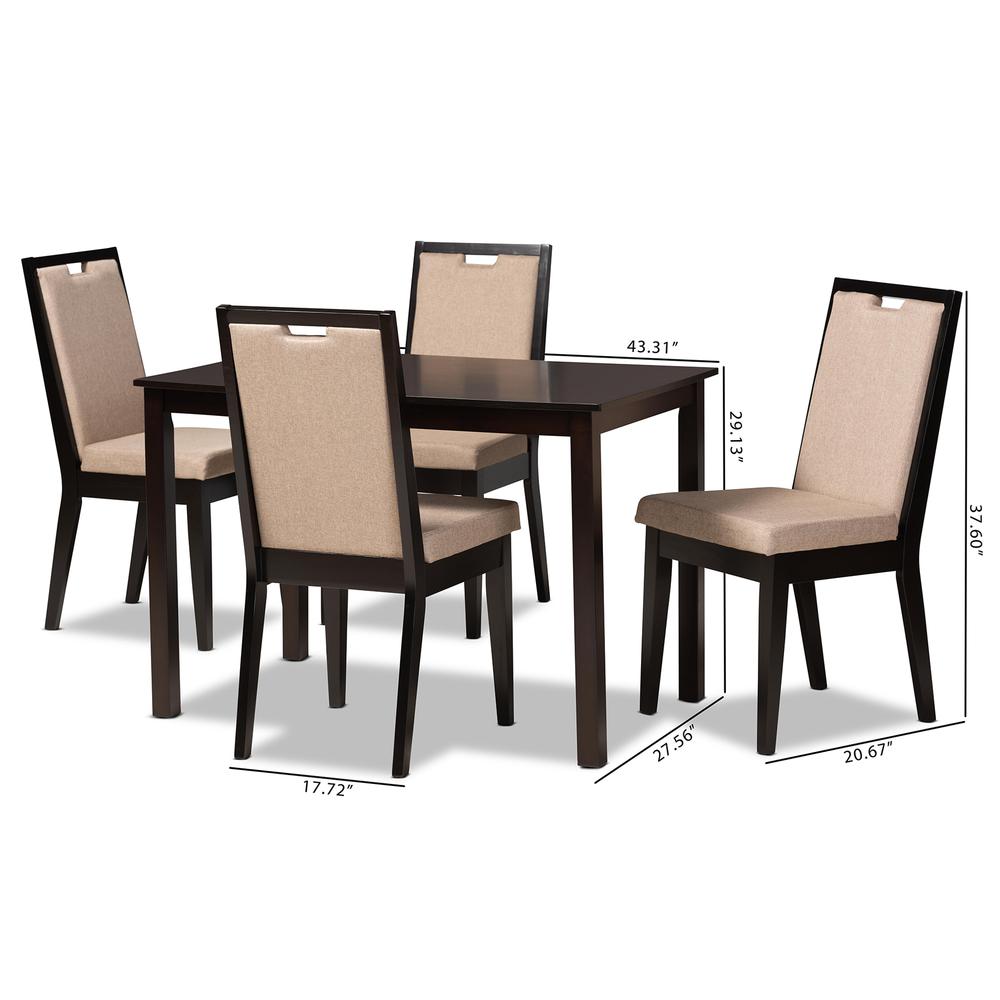 Sand Fabric Upholstered and Dark Brown Finished Wood 5-Piece Dining Set. Picture 20